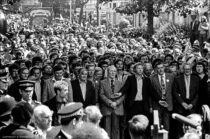 England, UK. London. 11.7.1977. Grunwick dispute. Arthur Scargill leads the Yorkshire miners past the gates of Grunwick during a strike by mainly asian women for trade union recognition and against low pay at the photographic processing plant. This was the historic moment when thousands of British trades unionists marched to support a tiny asian workforce in the backstreets of North West London.

Copyright © 1977 Andrew Wiard 
W: www.reportphotos.com
E: info@reportphotos.com. 
This file is the property of Andrew Wiard and any unauthorised use, retention, distribution, copying or disclosure is strictly prohibited.