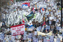 England, UK. 15.2.2003. London. Demonstration against the imminent invasion of Iraq by Stop The War Coalition, the Campaign for Nuclear Disarmament (CND) and the Muslim Association of Britain. Police said it was the UK's biggest ever demonstration with at least 750,000 taking part, march organisers put the figure closer to two million.

Copyright © 2003 Andrew Wiard 

Supplied for publication free of charge only in connection with the exhibition of Resistance at Turner Contemporary and the Scottish National Gallery of Modern Art, Edinburgh, All Other Rights Reserved. Not for archiving.

W: www.reportphotos.com 
E: info@reportphotos.com