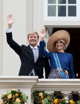 King Willem - Alexander and Queen Maxima of the Netherlands on the balcony at the Noordeinde Palace waving to the crowds on Prince's Day in The Hague in Netherlands.