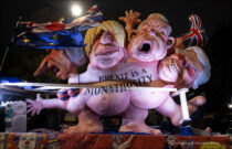 England, UK . 15.1. 2019. London . Westminster. Brexit is a Monstrosity sculpture by Jacques Tilly rides past Parliament  as MPs vote on Theresa May's Brexit deal.

Copyright © 2019 Andrew Wiard

T: +44 (0) 7973 219201
W: www.reportphotos.com