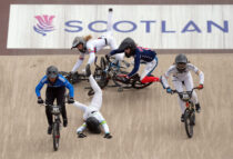 Cycling - UCI World Championships 2023 - Glasgow BMX Centre, Glasgow, Scotland, Britain - August 13, 2023
Australia's Sienna Pal, Keiley Shea of the U.S. and Britain's Sienna Harvey crash during the BMX Racing women's junior quarter final heats REUTERS/Maja Smiejkowska