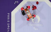 Naoual Laarif of Morocco is stretchered off after getting injured during the bout against Claudia Romero of Mexico, at Paris 2024 Paralympics - Taekwondo August 29, 2024