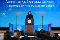 U.S. Vice President Kamala Harris walks up to the stage at the beginning of a press conference about Artificial Intelligence on the first day of the AI Safety Summit 2023, in London, Britain, November 1, 2023
