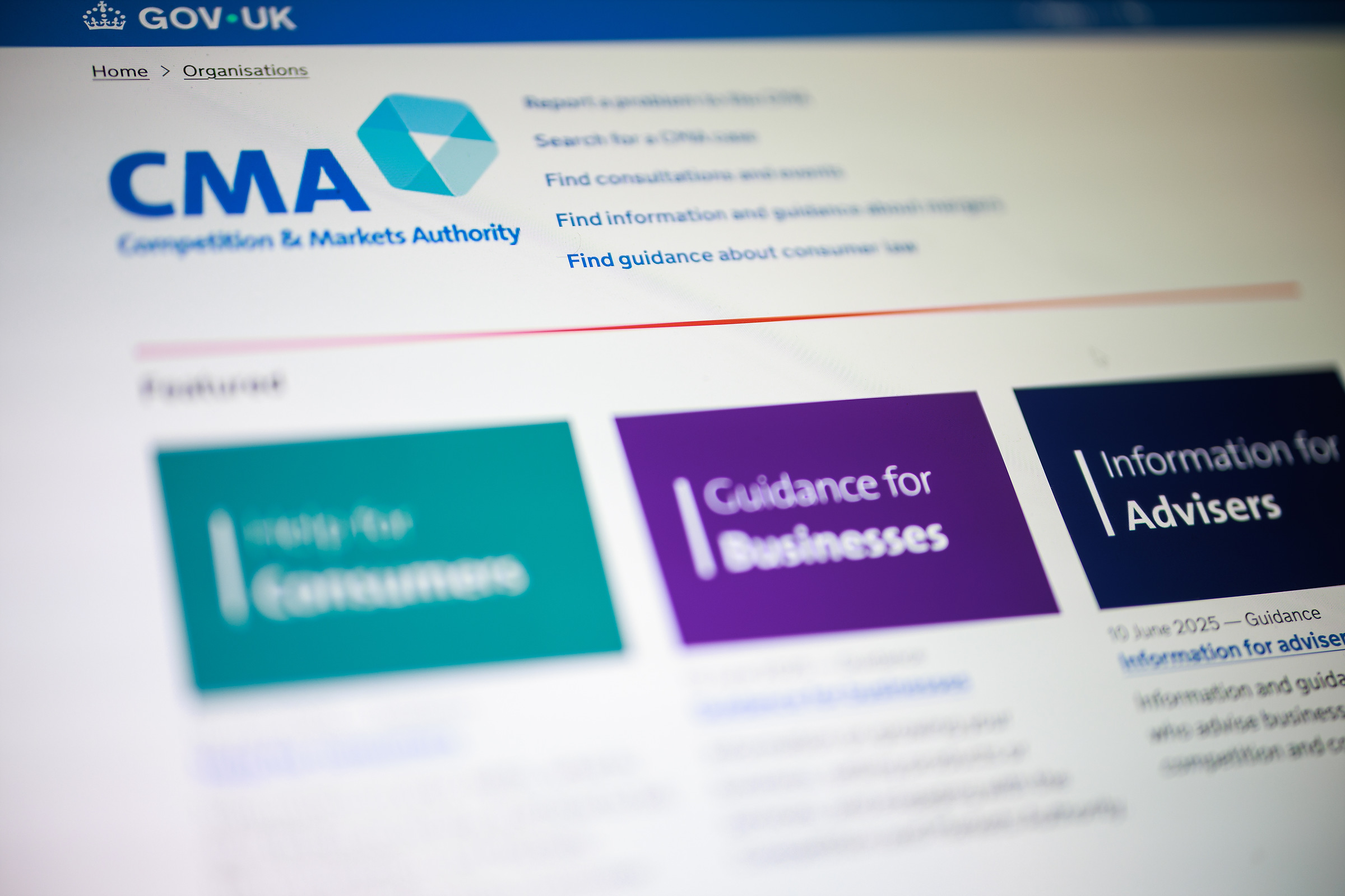 Photograph of the front page of the CMA website