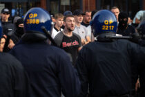 03.08.24.
Protesters face-off against police and counter protesters during the 'Enough is Enough' demonstration called by far-right activists in Bristol. 
Far-right protesters have clashed with police during tense demonstrations and unrest linked to disinformation about a mass stabbing that left three young girls dead in Stockport last week which has spread across the United Kingdom.

PIC © Andrew Lloyd