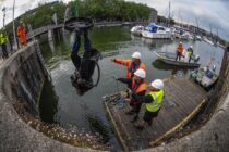 BRISTOL, ENGLAND - JUNE 11: The statue of slave trader Edward Colston is retrieved from Bristol Harbour by a salvage team on June 11, 2020 in Bristol, England. The statue was pulled from its plinth in the city centre and thrown in the water by anti-racism campaigners during a Black Lives Matter protest.