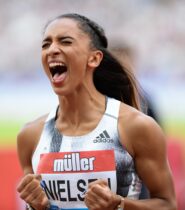 Laviai Nelson celebrates running a PB of 50.83 seconds to take third place in the Women’s 400 metres on Day One of the Muller Anniversary Games 2019 at the London Stadium, Stratford
20/07/2019