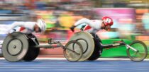 Nathan Maguire (left) and Daniel Sidbury push for the line in the final of the Men's T35/T54 100m final in the Athletics on day eight of the Birmingham 2022 Commonwealth Games at Alexander Stadium, Birmingham
Picture by Nigel Bramley/Focus Images Ltd 07827818829
05/08/2022