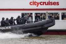 19/03/2017. London, UK. Anti-terror Police board a tourist boat, taken hostage by people playing armed terrorists during an ant-terror training exercise on The River Thames in  London. It is the first time that an exercise of this type has taken place on the river.