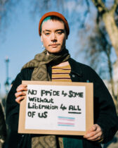 Portrait of a trans demonstrator outside of Downing Street after the UK government blocked Scotland's gender reform legislation.