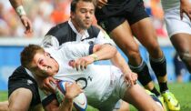 Barbarian's Juan Martin Hernandez fails to prevent England's Henry Slade from scoring a try during the Barbarians v 'an' England XV at Twickenham. Sunday 01 June 2014.