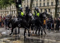 Police horses charge towards protestors at BLM Demonstration in Whitehall