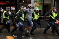 Football fans clash with the police in Leicester Square prior to the England vs Italy game at UEFA EURO 2020, London, United Kingdom. Photo by Cat Morley