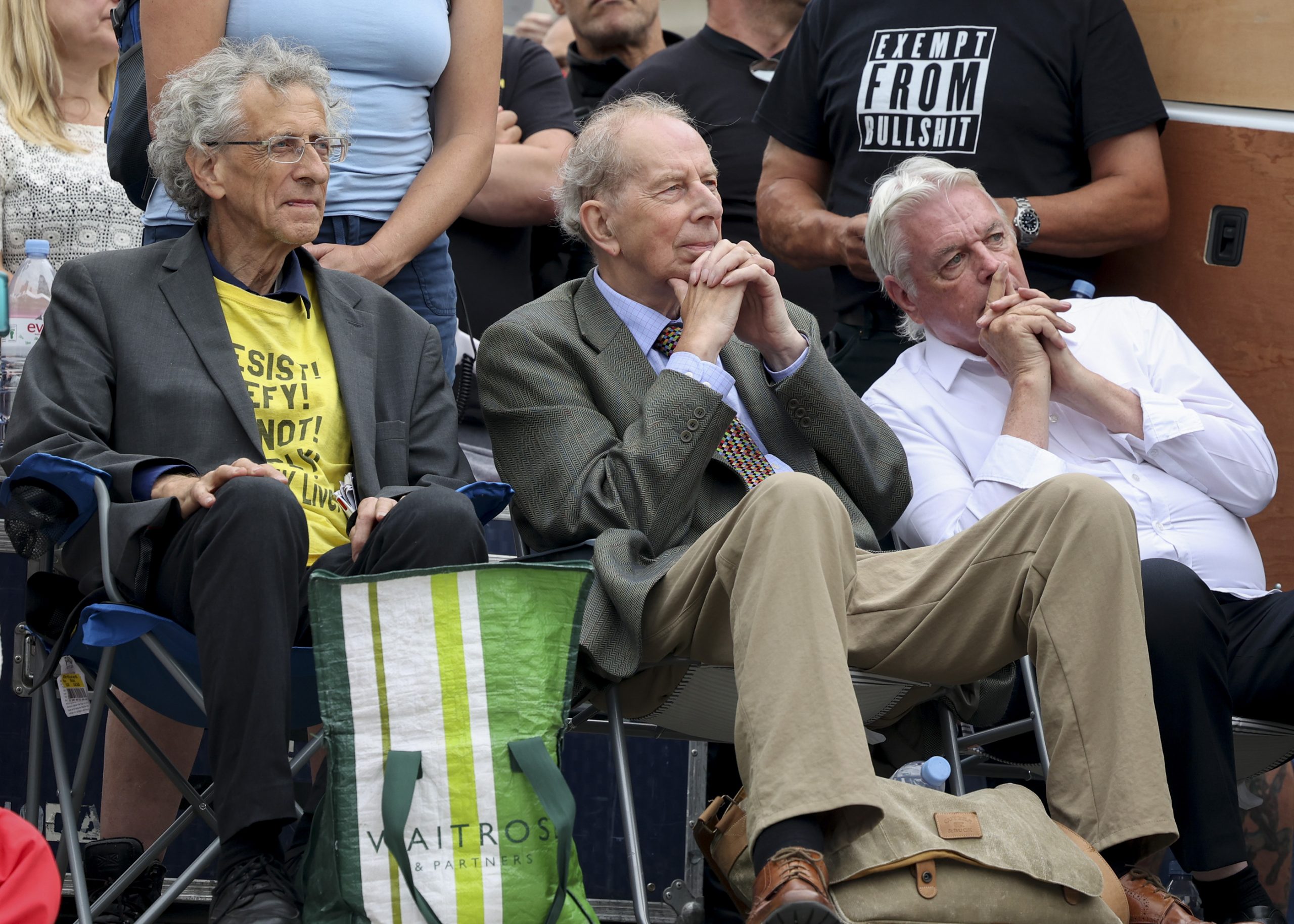 Piers Corbyn, Doctor Vernon Coleman and, David Icke at the Worldwide Rally For Freedom protest on Saturday 24 July 2021 in Trafalgar Square, London, United Kingdom protesting against vaccine passports, wearing masks and further lockdowns. Photo by Cat Morley / Avalon