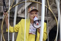 Vivienne Westwood suspended in cage at Free Julian Assange Protest