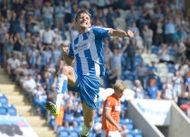 Alex Gilbey of Colchester United celebrates his teams first goal-Colchester Utd v Blackpool, League1 Football at The Weston Homes Community Stadium Colchester Essex 8th August 2015