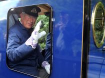 The Prince of Wales joins Leo Rothschild for a drive on one of his miniture trains at Exbury Gardens Hampshire, the Duchess of Cornwall travelled in one of the carriages