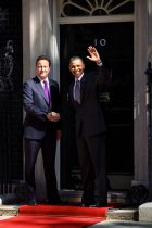 State visit to Britain by US President Barack Obama. Britain's Prime Minister David Cameron greets the US President Barack Obama, welcoming him to 10 Downing Street. May 25 2011. Photo: Edmond Terakopian
