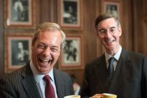 King George and Queen Mary Room, London Marriott County Hall, London County Hall, London, UK. 17th May 2016. UKIP Leader Nigel Farage MEP, Conservative MP Jacob Rees-Mogg as well as EAW victim/ survivor Deborah Dark attend a Bruges Group event focusing on the issues surrounding the European Arrest Warrant. Pictured: Nigel Farage and Jacob Rees-Mogg share a hot drink before their speeches at the Bruges Group event. // Lee Thomas, Flat 47a Park East Building, Bow Quarter, London, E3 2UT. Tel. 07784142973. Email: leepthomas@gmail.com. www.leept.co.uk (0000635435)
