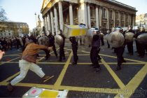 Reclaim the Streets and Liverpool Dockers March for Social Justice ended with a dance in Trafalgar Square which was attacked and broken up by police. 12 April 1997.
© David Hoffman phone 020 8981 5041, fax 020 8980 2041, email lib@hoffmanphotos.com  
NUJ & BAPLA recommended terms & conditions apply. Moral rights asserted under Copyright Designs & Patents Act 1988. Full terms and conditions for digital and traditional use available on request. Credit is required. No part of this photo to be stored, reproduced, manipulated or transmitted by any means without permission.