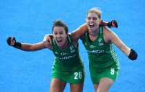 L-R O'FLANAGAN Anna of Ireland and MULLAN Kathryn of Ireland celebrates they win during FIH Hockey Women's World Cup 2018 Day 12 match Quarter Final game 32 between Ireland and India at Lee Valley Hockey & Tennis Centre, Queen Elizabeth Olympic Park, London on 02 August 2018. Photo by Kieran Galvin
