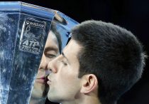 Novak Djokovic (SRB) in action today during his match against Roger Federer (SUI) in their Singles Final match International Tennis - Barclays ATP World Tour Finals - O2 Arena - London - Day 8 - Sunday 16th November 2014 Photo by Kieran Galvin