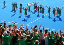 Irish players celebrates they win over Spain to reach the Final during FIH Hockey Women's World Cup 2018 Day 13 match Semi Final game 34 between Ireland and Spain at Lee Valley Hockey & Tennis Centre, Queen Elizabeth Olympic Park, London on 04 August 2018. Photo by Kieran Galvin