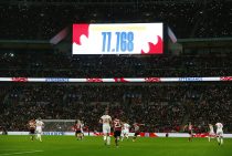 LONDON, ENGLAND. NOVEMBER 09: The attendance figure – a record for the England women’s team – is displayed on the scoreboard at Wembley during Women's International Friendly between England Women and Germany Women at Wembley stadium in London, England on November 09, 2019 Photo by Kieran Galvin