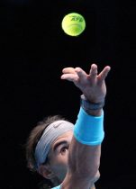 Rafael Nadal (ESP) in action during his victory over David Ferrer (ESP) in their Group A match today International Tennis - Barclays ATP World Tour Finals - O2 Arena - London - Day 2 - Tuesday 5th November 2013 Photo by Kieran Galvin