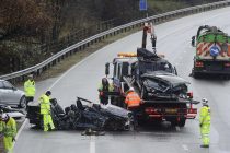 © Licensed to London News Pictures. 03/12/2012 London, UK. Two BMW vehicles are removed from the M1 southbound carriageway between junctions 5 and 4. Two men, the driver and front seat passenger in one of the cars, died at the scene. Photo credit : Simon Jacobs/LNP