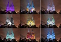 Lichfield Cathedral, Lichfield, Staffordshire, UK. 16th December 2018.  With Christmas fast approaching hundreds of V.I.P. visitors are treated to spectacular visuals projected across Lichfield's iconic cathedral. Now in its fourth year, the “Cathedral Illuminated” is created by Lichfield Cathedral’s own artist in residence, Peter Walker, and composer, David Harper, working in collaboration as Luxmuralis. This year's son-et-lumiere takes as its theme “Peace on Earth” and 2018 will see three visual displays projected onto the West Front, the South East and the Chapter House of the cathedral as well as a magical winter wonderland walk-way experience open to the general public between 17th - 22nd December (excluding 19th December). Pictured: Scores of V.I.P. guests enjoy a preview evening of spectacular visuals projected on to the West Front of Lichfield Cathedral.