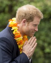 Prince Harry receives a traditional welcome as he attends a ceremony to celebrate the bicentenary of relations between the UK and Nepal at Embassy of Nepal in London.
