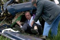 Neil Hall
06/05/2010 UKIP candidate for the Buckingham constituancey Nigel Farage narrowly escapes death as his plane crashed to the ground at Hinton Airfield, Northamptonshire. Farage attempted to fly a UKIP Banner from the light aircraft. It caught in the planes tail causing the accident. Image of Farage pulled from the wreckage.