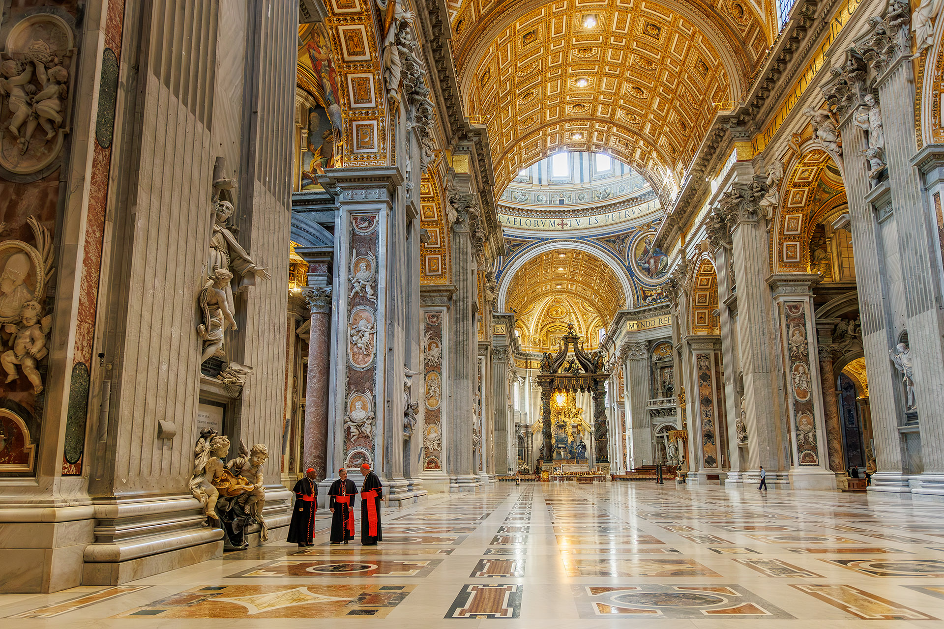 Three Cardinals walk through ST Peter's Basilica on their way to an Ecumenical prayer vigil in St Peter's Square. September 2023