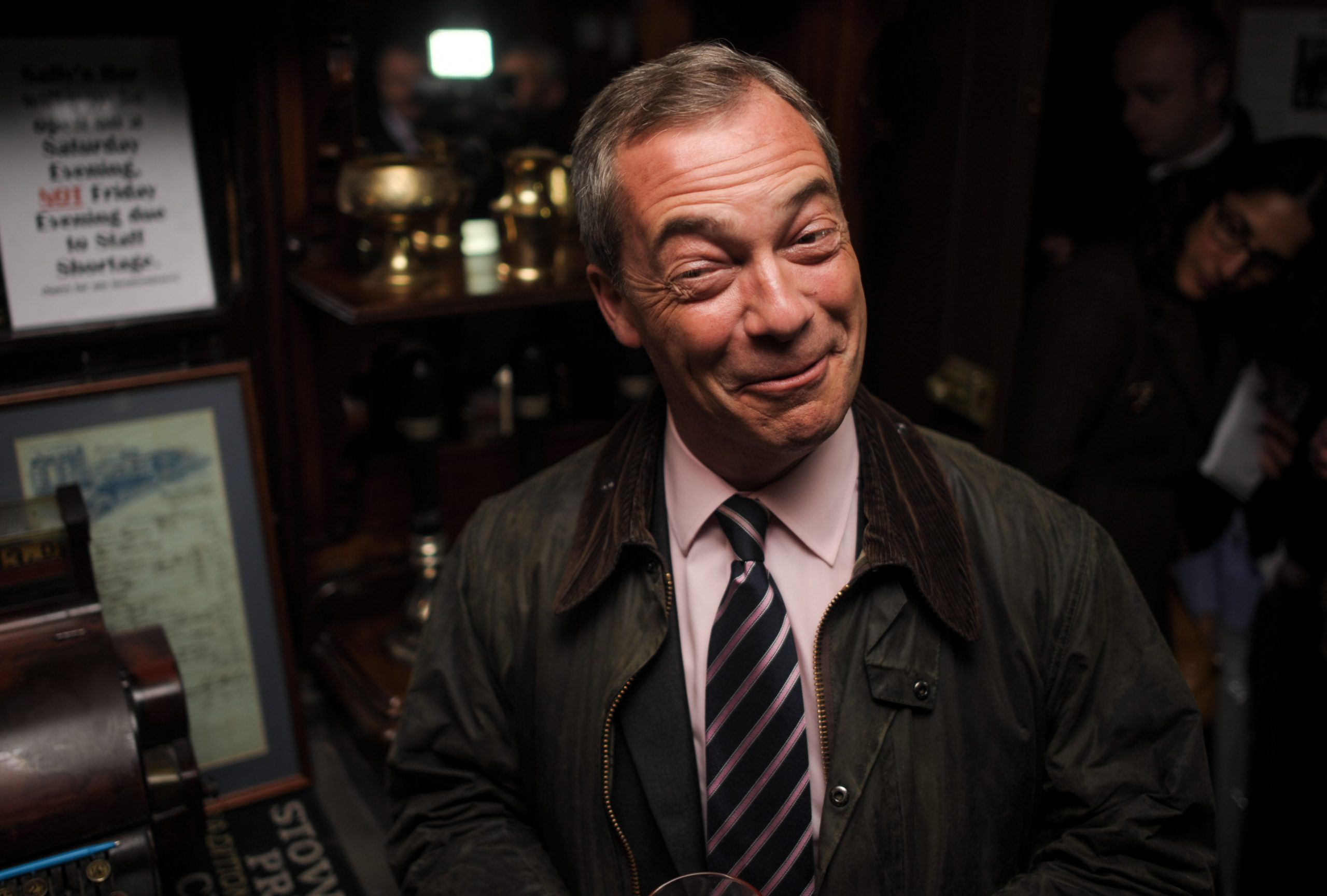 DUDLEY, ENGLAND - APRIL 25: Leader of the United Kingdom Independence Party (UKIP) Nigel Farage is seen at the Britannia Pub in Dudley, England on April 25 2014. Mr Farage is due to speak at Dudley Town Hall tonight, Fri April 25 2014, as part of his current election campaign. Photo by Peter Summers.