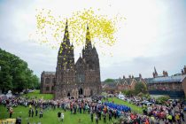 Balloons are released as Stephen Sutton's coffin is seen leaving Lichfield Cathedral after a two day vigil on May 30 2014. A private funeral is now being held.