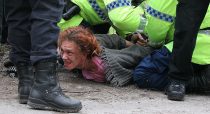 Protesters clash with police at the Barton Moss fracking site, Manchester.