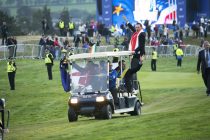 Ryder Cup, Gleneagles, Perthshire...28.09.14
Ian Poulter and Thomas Bjorn celebrate as they drive back from the closing ceremony with the Ryder Cup
Picture by Graeme Hart.
Copyright Perthshire Picture Agency
Tel: 01738 623350  Mobile: 07990 594431