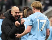 Newcastle Upon Tyne, England, 13th January 2024.   Pep Guardiola manager of Manchester City celebrates with Kevin De Bruyne after the Premier League match at St. James' Park, Newcastle Upon Tyne. Picture credit should read: Nigel Roddis / Sportimage