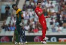 England's James Anderson, right, celebrates the wicket of South Africa's Colin Ingram, left, by lbw during their ICC Champions Trophy semifinal cricket match at the Oval cricket ground in London.