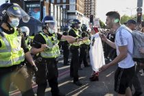Protestors clash with police at the Unite For Freedom protest on Saturday 29 May 2021 after they attempted to storm Westfield London in Shepherd's Bush, London United Kingdom. Photo by Sidetrack / Cat Morley