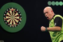 Michael van Gerwen, the Dutch Darts player celebrates scoring a 180 during his match against Nathan Aspinall, the English Darts player. Unibet Premier League Darts, night three event at the Motorpoint Arena in Cardiff, South Wales on Thursday 20th February 2020
pic by Andrew Orchard/Andrew Orchard sports photography