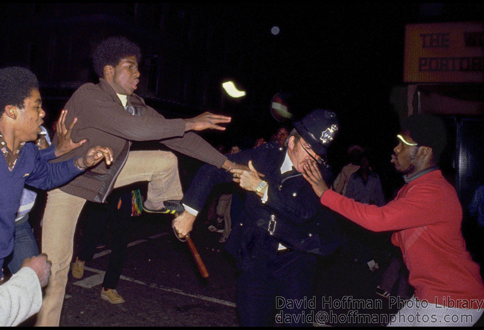 Notting Hill Carnival 27 August 1979. Late on the night of Bank Holiday Monday police moved along Ladbroke Grove attacking isolated groups of late night revelers and sparking counter attacks.