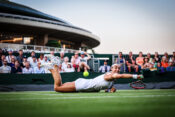 France's Caroline Garcia dives in an attempt to return the ball to Czech Republic's Marie Bouzkova during their women's singles tennis match on the fifth day of the 2023 Wimbledon Championships at The All England Tennis Club in Wimbledon, southwest London, on July 7, 2023.