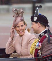 15 June 2013 London UK
Britain's Queen Elizabeth II celebrates her official birthday at the Trooping of the Colours ceremony at Buckingham Palace in central London with her family.
Sophie, Countess of Wessex nearly losses her hat to the amusement of Prince Edward.
Photograph by Michael Dunlea