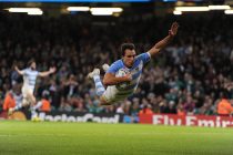 Juan Imhoff of Argentina dives over to score his late 2nd half try. Rugby World Cup 2015 quarter-final match, Ireland v Argentina at the Millennium Stadium in Cardiff, South Wales on Sunday 18th October 2015.
pic by Andrew Orchard, Andrew Orchard sports photography.