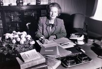 MOTHER: Mrs Thatcher PM burning the midnight oil writing her 2 election Victory speech 1983 No10